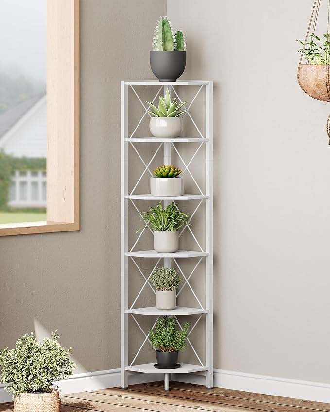 CHOEZON 6-Tier Corner Shelf, Corner Bookcase, 66.9" Tall Vertical Display Rack, Plant Stand, Open Storage Shelf, for Living Room, Bedroom, Study, Kitchen, White TCJ13WB