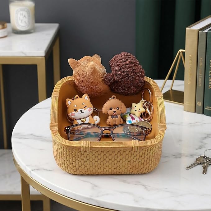 Catchall Bowl Poodle & Shiba Inu Statue - Decorative Entryway Key Holder & Candy Dish - Cute Double Dog Figurine Organizer for Desk & Room Decor - Pet Lover Housewarming Gift