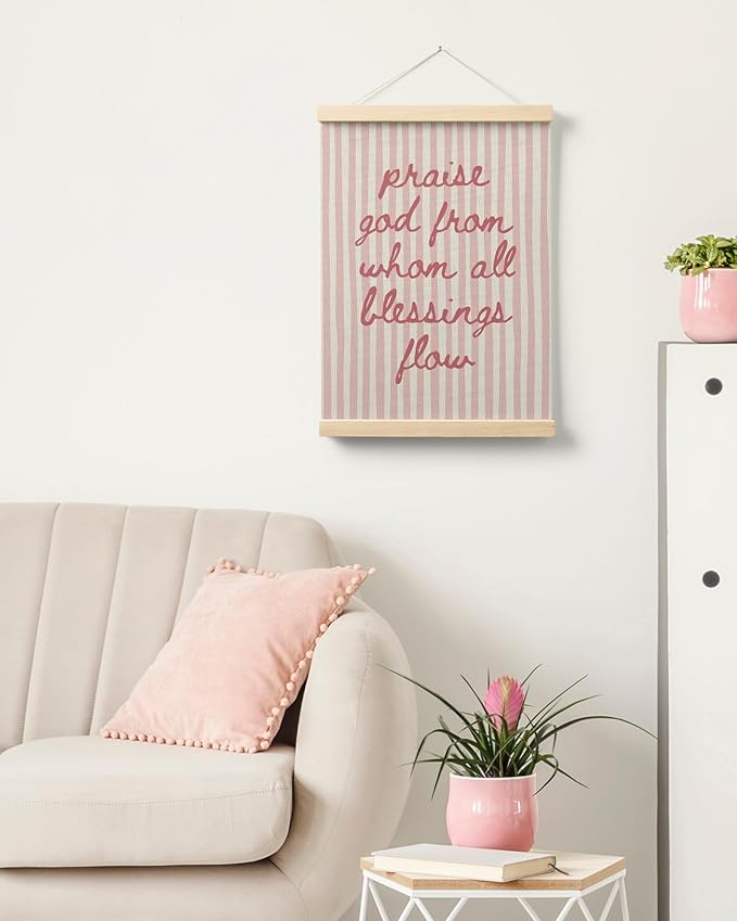 FGFK Trendy Pink Christian Wall Art Poster Hanger Frame, Trendy Striped Praise God From Whom All Blessing Flow Bible Verse Scripture Canvas Prints Framed Wall Decor for Room Home Dorm, 12x16 Inch