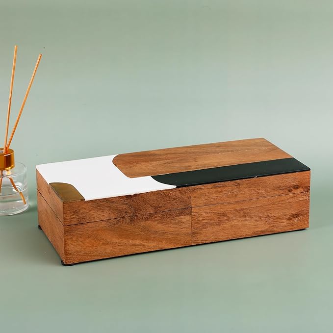 Handicrafts Home Decorative Storage Box, Keepsake Box Jewellery Organiser Abstract Wood Box, Handmade Wooden Jewelry Box with Resin & Brass Inlay, Memory Box for Home Decor, Coffee Table- 10x4.5x2.5