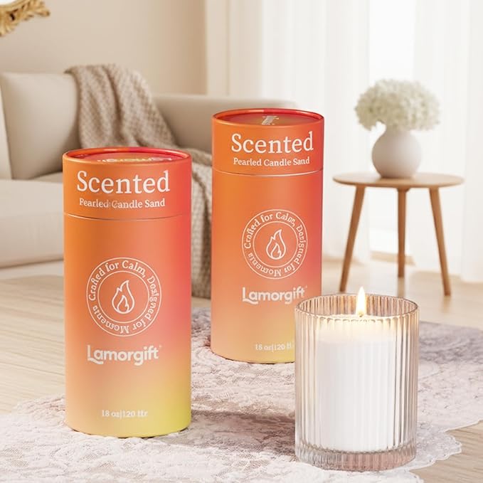 36oz Scented Candle Sand Wax, Sandalwood& Jasmine- 2 Tubes Scented Pearled Candles with 240 Hr+ Long Burning Time, Refillable Powder Candle Beads with 30 Wicks for Home Decor/ Holiday Gift/ Relaxation