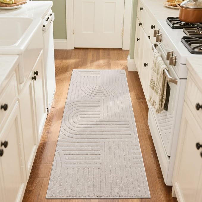 SHACOS Soft Cozy Fluffy Arch Pattern High Low Pile Runner Rugs 2'x6' Non Slip Washable Scandinavian Minimalist Rug Modern Geometric Arc Carpet for Living Room Bedroom Bathroom, Beige
