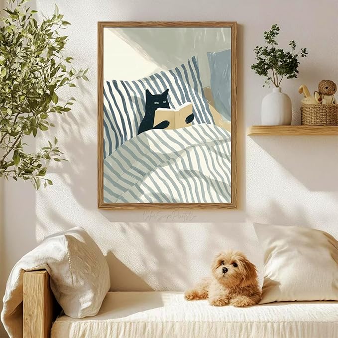 Funny Black Cat Wall Art Painting, Whimsical Cat in Stripe Bed Reading Wall Decor, Cute Animal Book Lover Blue and White Poster Canvas Prints for Bedroom Living Room 16x24 inch Wood Framed