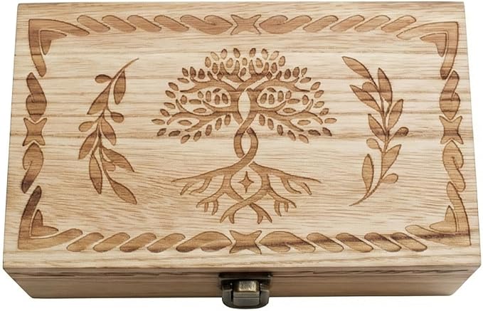 Keepsake Box 7.8" Vintage Wooden Box with Hinged Lid - Decorative Small Memory Chest for Women & Girls, Wooden Jewelry Box with Hand-Engraved Tree of Life