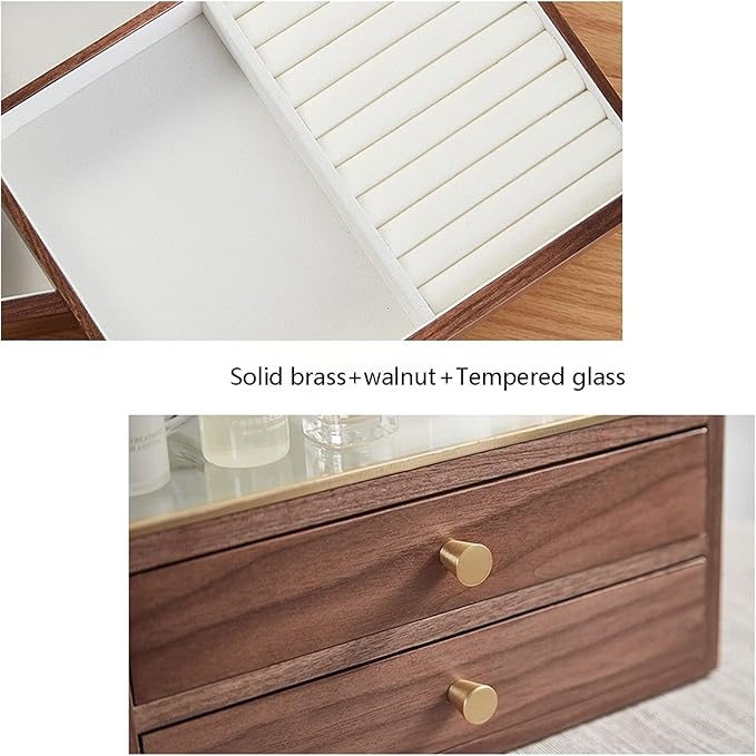 VSULZVNU Makeup Organizers Jewelry Box Jewelry Organizer Box Two-Layer Jewelry Case for Women Wood Display Case with Glass Ring Tray Vintage Style Walnut Jewelry Case