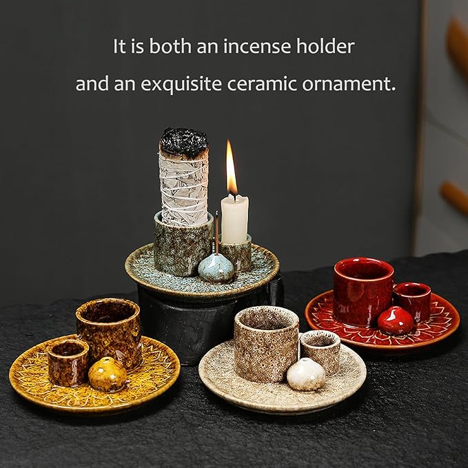 4 in 1 Multifunctional Ceramic Incense and Candle Holder with Ash Catcher Tray Suit for Burning White Sage, Palo Santo Sticks (Blue)