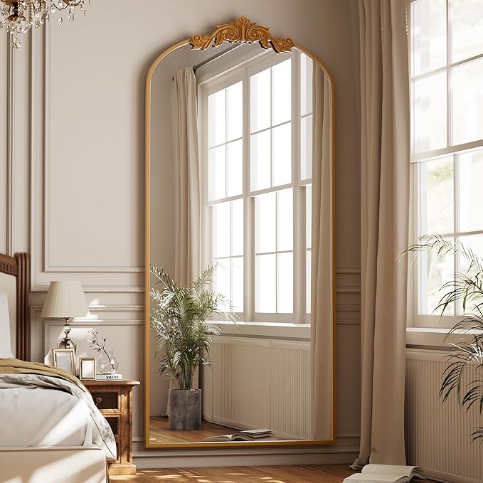 GLSLAND 71"x 32" Gold Vintage Arched Full Length Mirror - Large Carved Standing Floor Mirror with Metal Frame for Bedroom/Living Room/Entryway