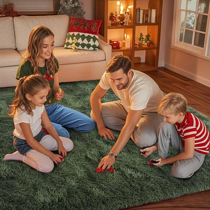 FinRèc 8x10 Feet Green Rug for Living Room Bedroom, Fluffy Fuzzy Shag Rugs, Non-Slip Furry Shaggy Area Rug for Nursery Kids Room Dorm Room Home Decor, Indoor Floor Carpet