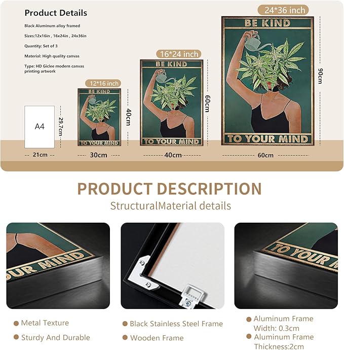 Framed Art Vintage Be Kind To Your Mind Poster Mental Health Quote Canvas Wall Art Cool Poster Unique Green Plant Girl Print Painting Retro Home Wall Decor Picture for Women Bedroom 16x24in