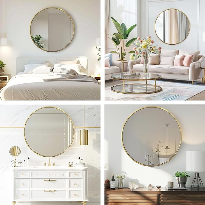Round Gold Mirror, 30 Inch Circle Gold Mirror, Metal Frame Round Wall Mounted Mirrors for Bathroom, Living Room, Bedroom, Entryway, Vanity, Golden, Brass