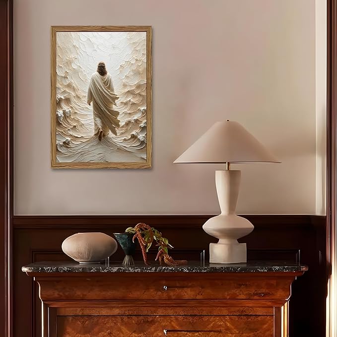 Jesus Walking on Water Wall Art, Frame 3D Textured Hand Drawn Sandstone Christian Wall Decor Paintings, Religious Spiritual Pictures for Living Prayer Room Bedroom 12x16 inch Wood Framed