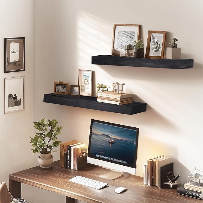 24x6.8x2 Inch Rustic Floating Shelves for Wall Set of 2 - Black Solid Wood Wall Mounted Shelves with Invisible Bracket, Extended Design for Farmhouse Living Room Bedroom Kitchen Decor
