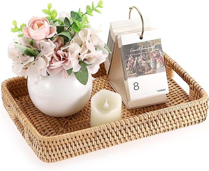 Hipiwe Rattan Serving Tray Hand Woven Tray with Handles Rattan Rectangular Basket Trays for Storage Breakfast Dessert Fruit Decorative Trays for Coffee Table, 11.8x7.9x1.8inch