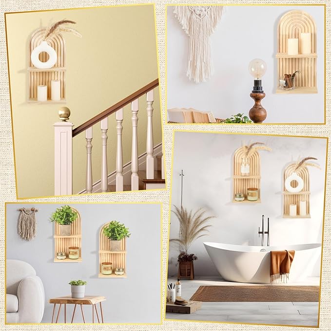 Geetery 2 Pcs Boho Wall Shelf Arch Wooden Floating Shelves Mid Century Rainbow Wall Shelf Hanging Holder Double Vintage Mount Altar Decor for Nursery Bedroom(2 Tier)
