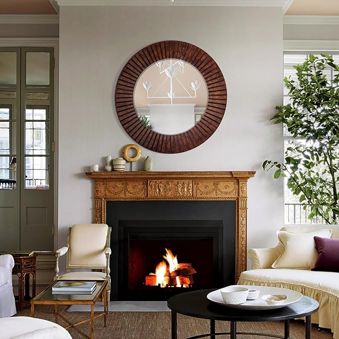 Chende 36'' Circle Mirror with Wood Frame, Large Decorative Mirror for Living Room, Farmhouse Bathroom Mirrors with Bronze Groove Finish for Entryway, Bedroom