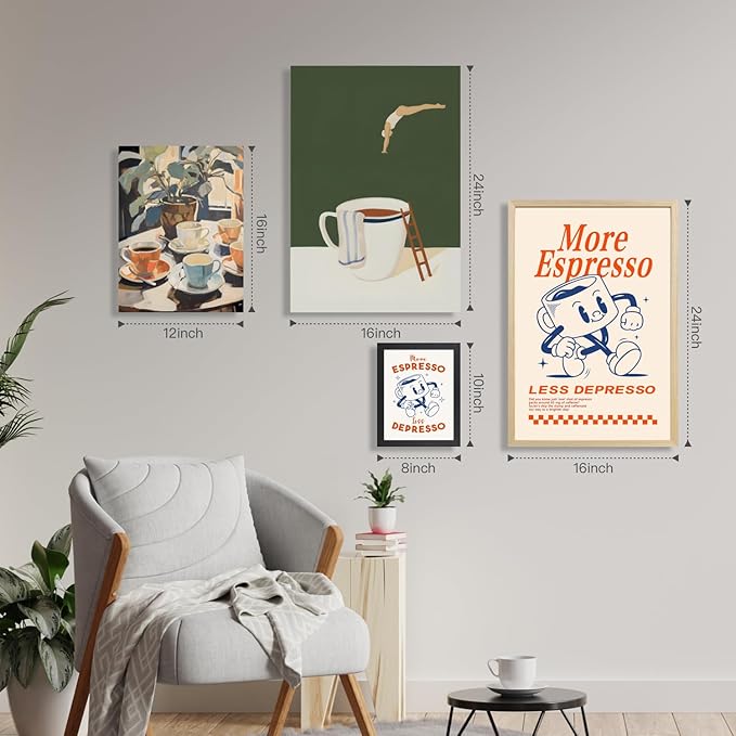 Cyebmo Funny Coffee Wall Art, Vintage Cafe Kitchen Wall Decor, More Espresso Less Depresso Art Prints, Beige Dorm Poster Print for Home Office Coffee Bar Kitchen Wood Framed Ready to Hang 8x10 Inch