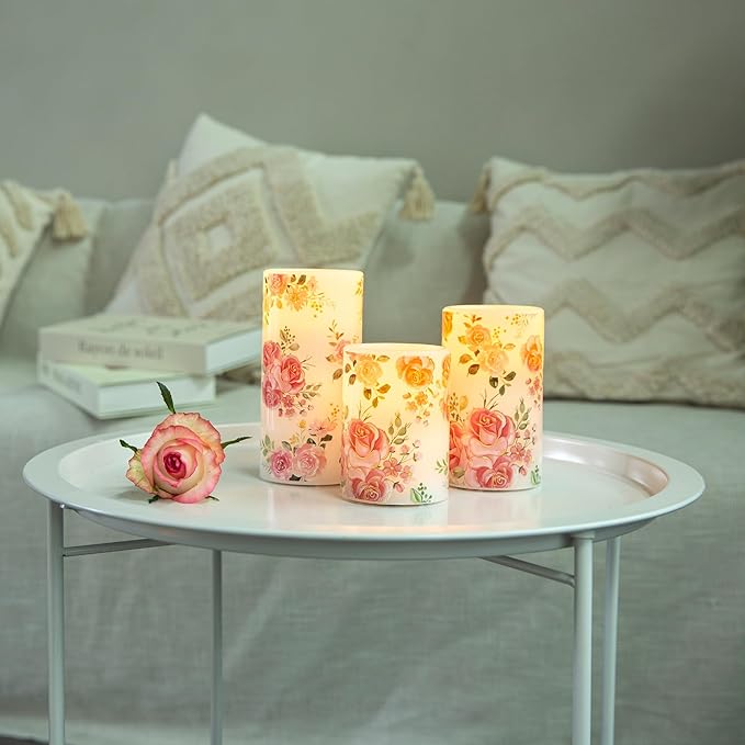 LUSHARBOR Flameless Candles with Remote, Battery Operated Candles Real Wax Pink Rose Flickering LED Candles Floral Christmas Decor Electric Pillar Candles Set of 3