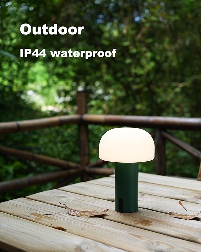 Outdoor Mushroom Table Lamp Rechargeable, Cordless Lamps for Patio Waterproof, Portable Battery Operated Lamp with USB Charging, Touch Dimming Night Light for Home/Porch/Restaurant (Green)