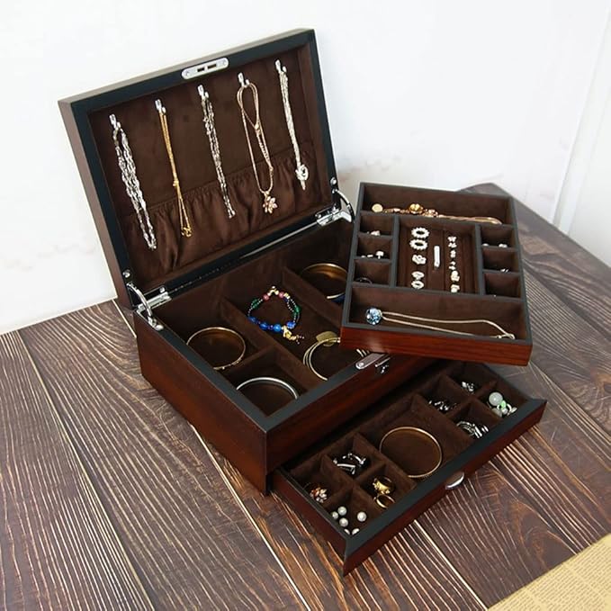 makeup organizers Retro Jewelry Box Multilayer Storage Box Ring Earring Necklace Bracelet Watch Small Jewelry Storage Box Wooden Jewelry Box 11.81 inch Jewelry Case