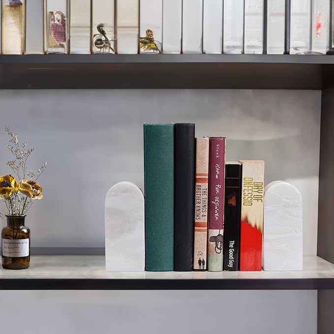 Koville African Natural Marble Bookends for Shelves, Decorative Book Ends, 7lbs Heavy-Duty Marble Book Holders, Bookshelf Apartment Decor for Normal Books/CD/Video Games(Bianco Fiora)