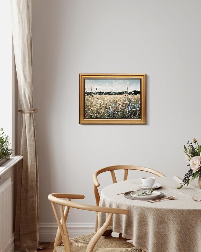 Bzstyleart Vintage Wall Art Decor for Living Room, Framed Landscape Wall Art Bedroom, Meadow with Flowers, Vintage Room Decor, Paintings for Bedroom, 12 x 16 Inch