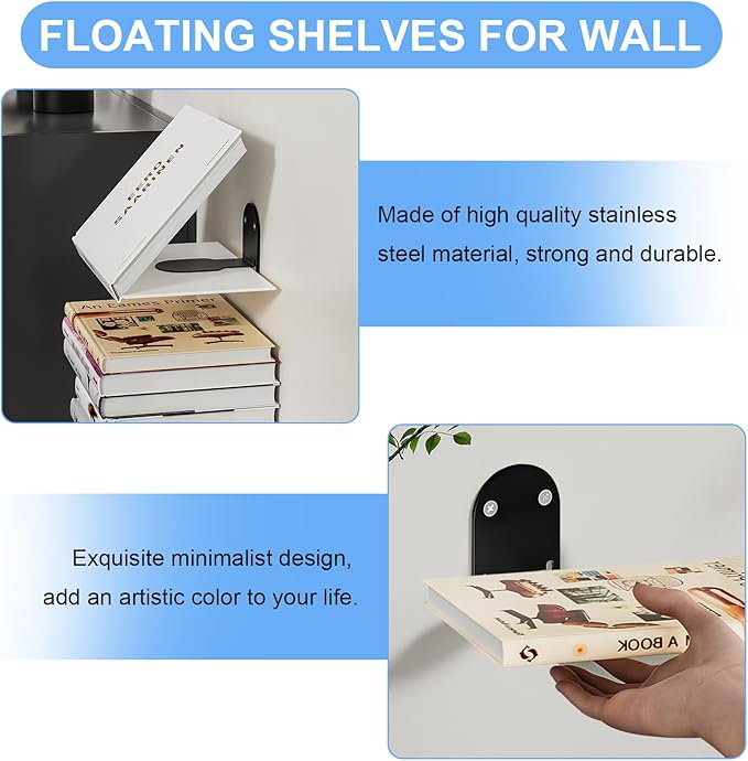 4-Pack Invisible Floating Bookshelves,Floating Book Shelf for Wall,Steel Hidden Bookshelf Hanging Shelves for Bedroom Living Room Office Study Room Decor,Drilling Mounted Bookshelves,Book Organizers