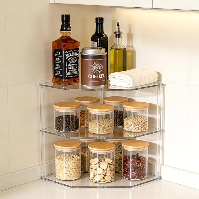 3-Tier Clear Acrylic Corner Shelf for Dishes - Plate Organizer for Cabinet Space Saver, Bowls & Dinner Plates, Kitchen Cabinet Plate Holder & Small Shelf for Bathroom Storage