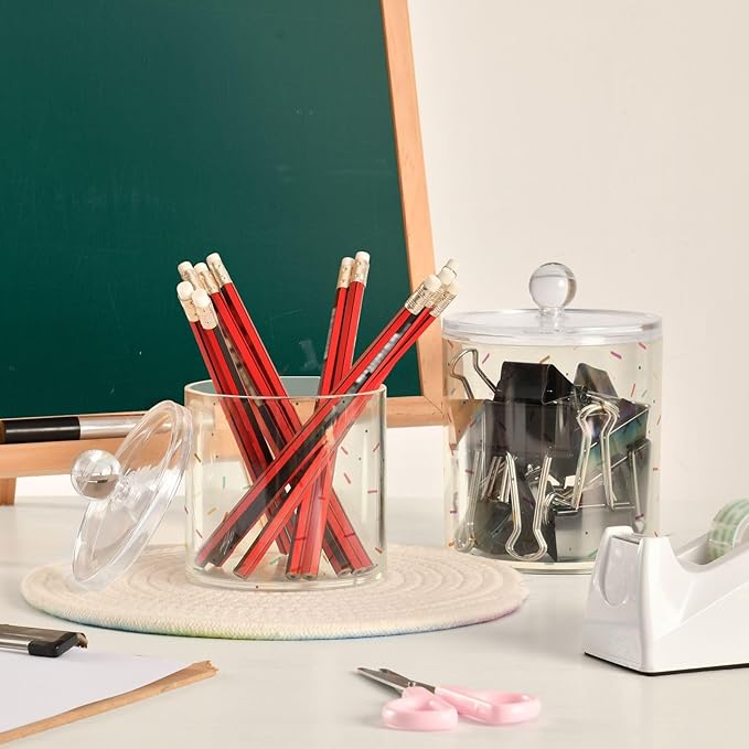 A Simplepastel Illustration Of Small Sprinkles Scattered Clear Plastic Makeup Organizer Storage with lid Dresser Essentials Decorative Dental floss storage jar for Cotton Swabs,Cotton