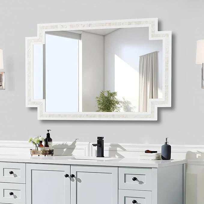 Tanmicoshomy 24 x 36 Inch Rectangle Bathroom Mirrors for Wall, White Shell Framed Decorative Mosaic Mirror for Bedroom, Living Room or Entryway, Wall Mounted Horizontal or Vertical