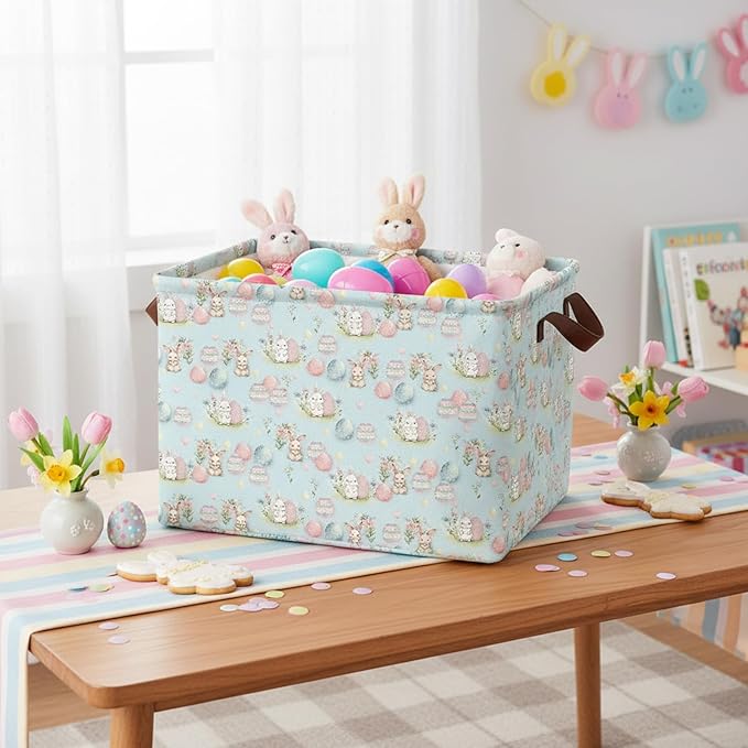 Large Rectangular Cute Kid Easter Basket Empty Bunny Eggs Easter Basket Gift Spring Room Storage Organizer Décor (E-09)