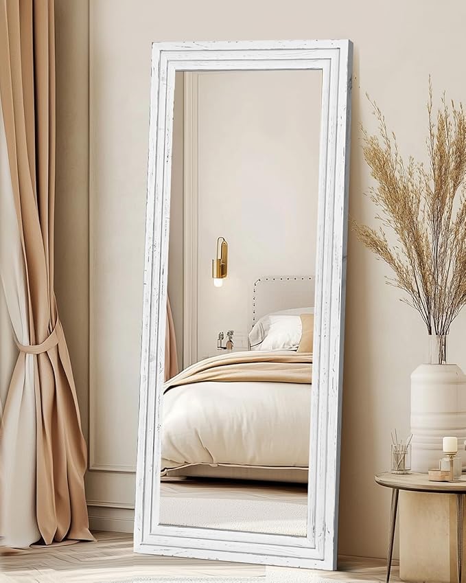 Full Length Mirror 65"x24" Solid Wood Frame Floor Large Mirror for Living Room, Bedroom Hanging or Leaning Wall-Mounted, White