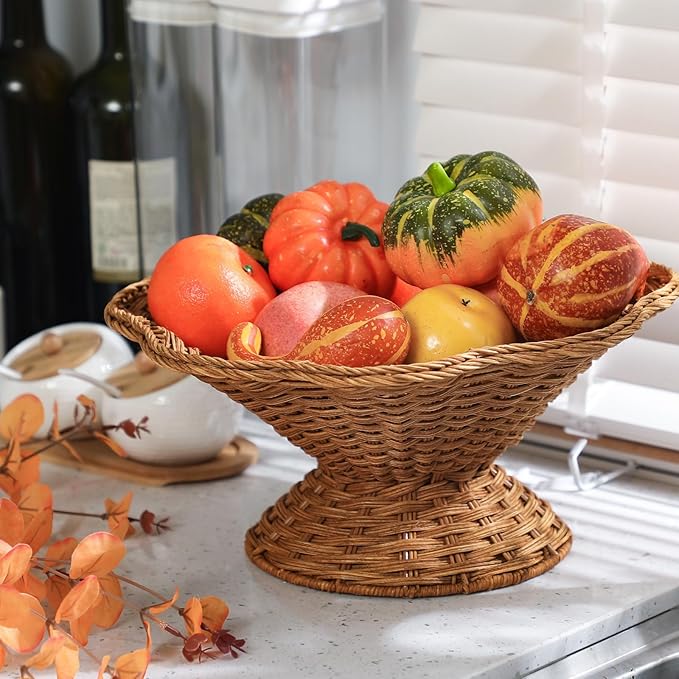LemonRoad Rattan Fruit Bowl 12.6''x12.6''x6'' Large Round Decorative Kitchen Wicker Basket Wavy Rim Storage Bowl with Pedestal Base for Fruit Bread Storage Organization, Dining Table Centerpiece