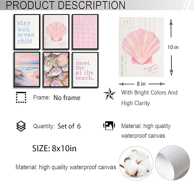 6Pcs Pink Beach Preppy Wall Art Prints Coastal Granddaughter Aesthetic Wall Decor Pictures Summer Oyster Shell Meet Me At The Beach Posters for Girly Bedroom Dorm Apartment Home Decoration 8x10in