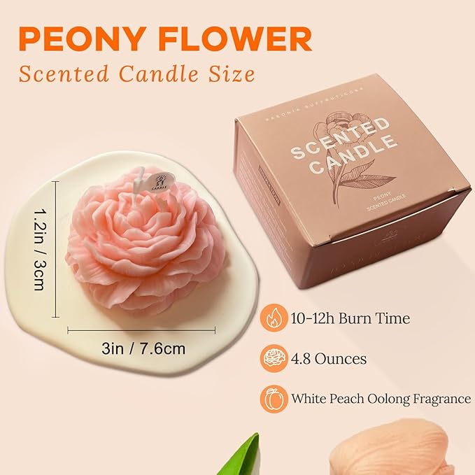 Light-Pink Peony Flower Shape Candles for Women Friends Colleague Classmates Gift, 3 Inch Pastel Aesthetic Scented Candle with White Peach Oolong Fragrance