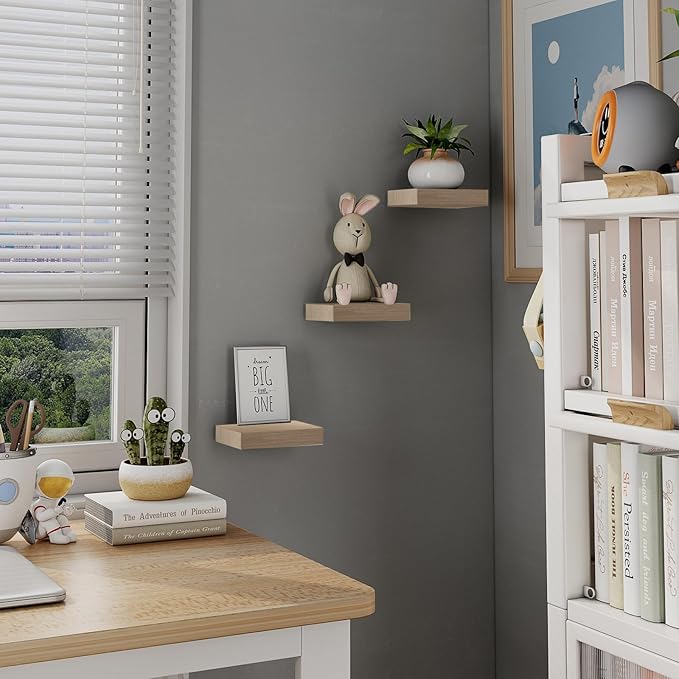 PopiShelves Small Floating Shelves for Wall - 6 Inch Mini Square Natural Wood Shelves for Bedroom, Living Room, Bathroom, Kitchen, Office Decor Set of 3