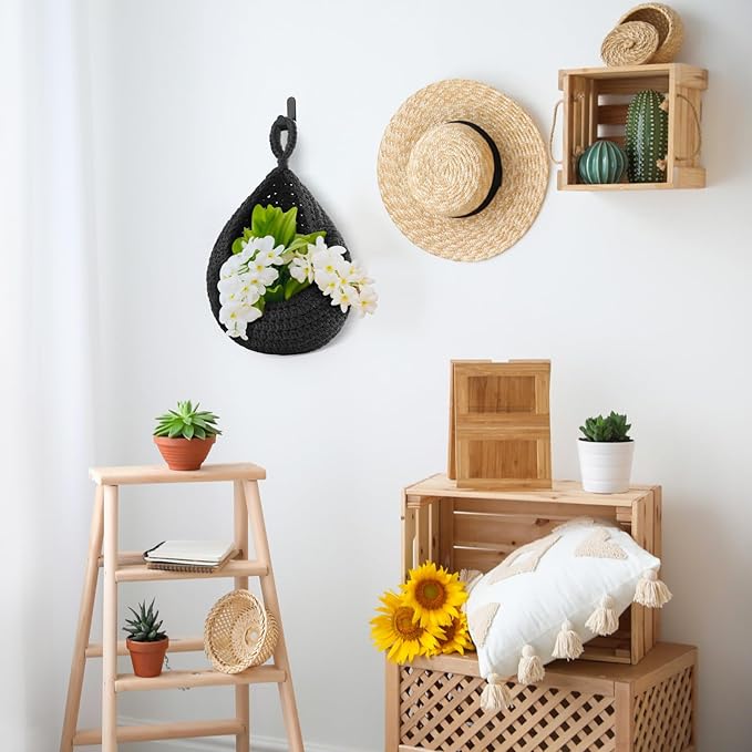 Honeydak Boho Decor Hanging Wall Baskets for Kitchen 3 Pack Teardrop Baskets with Hooks Storage Fruit Onion Vegetable Potato for Home 3 Sizes(Light Grey, White, Dark Grey,Teardrop,Cotton Rope)