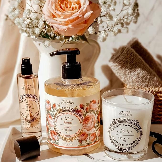 Panier des Sens Rose Candle - Hand-Poured in Provence, France - Long Lasting Scented Candles up to 55 Hours Burn Time - Rose Scented Candle - 100% Natural Cotton Wick - 6.3 oz Decorative Candles