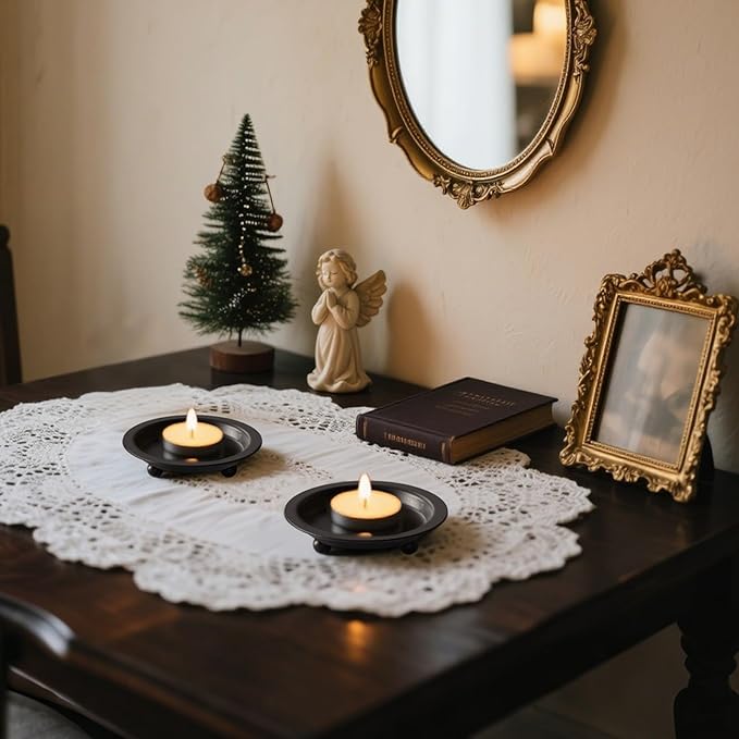 Black Candle Holder Decor, 4.13 Inch Round Candles Tray Holders Set of 4, Iron Plate Candle Stand for Pillar Ball Candles, Metal Porta Velas for Wedding Home Decor Table Centerpiece