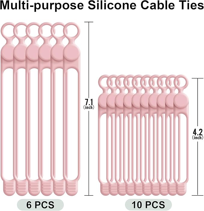 Nearockle Silicone Cable Ties Cord Organizer for Cable Management, 16PCS 4.2" and 7.1" Reusable Cable Organizer Electronic Accessories for Home, Office, Kitchen, School, Travel (Pink)