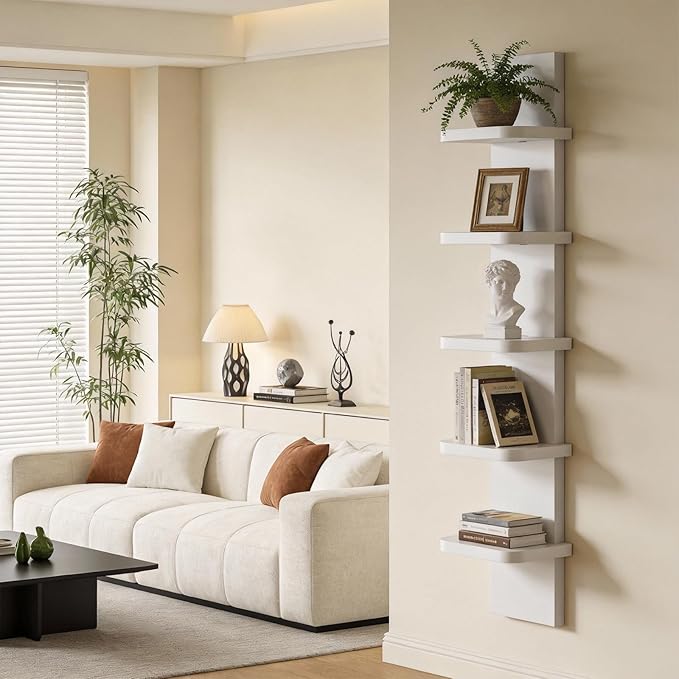 Versatile 5 Tier Wall Shelf Unit, Floating Shelves for Wall (Round Corner), Vertical Lack Wall Shelf for Bedroom, Vanity, Living Room, Home Decor Makeup Organizer Display, White