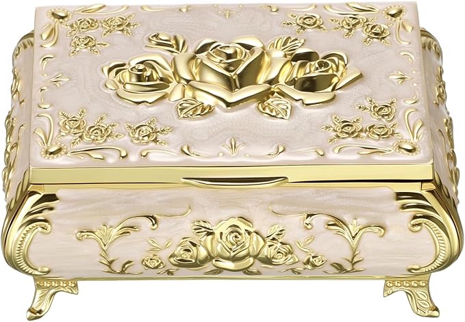 Hipiwe Vintage Jewelry Box Metal Trinket Chest Treasure Display Case for Rings Earrings Organizer Rectangular Decorative Keepsake Storage Box, Small