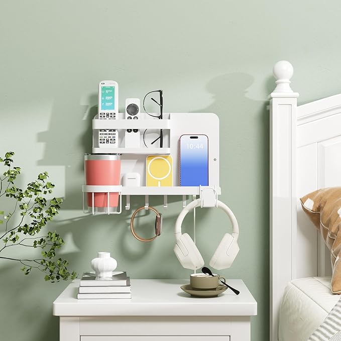 Versatile Bedside Wall Organizer, Floating Bedside Shelves, Wall Mount Essential Accessories for Room Decor, Dorm, Makeup Organizer, Remote Control Holder,Night Stand