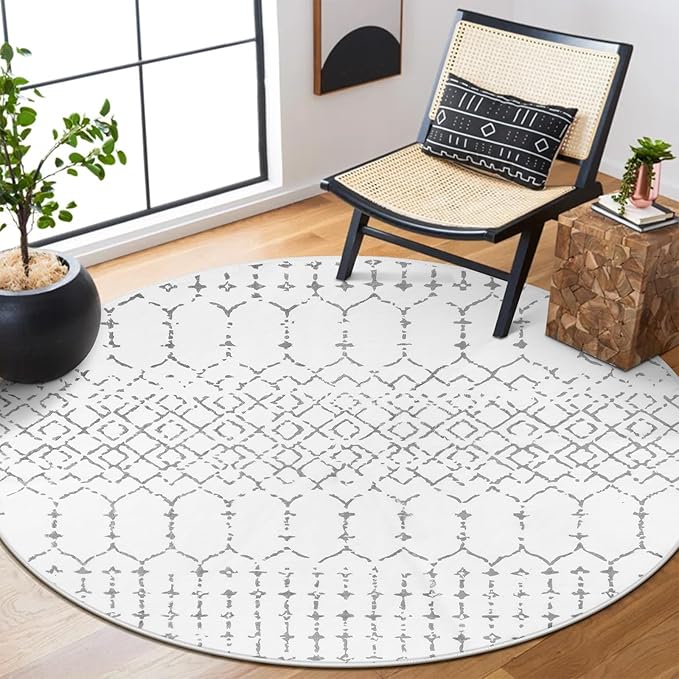 Lahome Moroccan Round Rugs 4Ft Washable Non-Slip Small Round Area Rug for Bedroom Soft White Low-Pile Round Throw Rug, Modern Geometric Print Indoor Circle Rugs for Kitchen Living Room Nursery Hana
