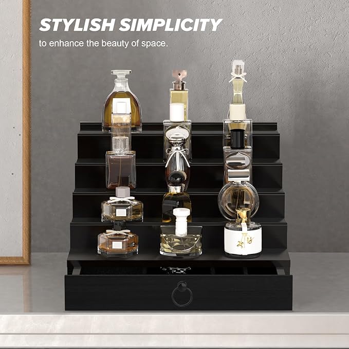upcessory Cologne Organizer for Men, 5 Tier Black Cologne Shelf, Perfume Stand with Drawer and Hidden Compartment Perfume Display Holder - A Gift for Men