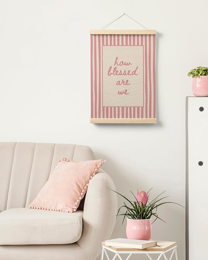 FGFK Trendy Pink Christian How Blessed Are We Wall Art Poster Hanger Frame, Retro Pink Striped Religious Bible Verse Canvas Prints Framed Wall Decor for Home Girls Room Bedroom, 12x16 Inch