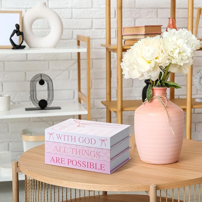 Beeveer 3 Pcs Pink Bow Decorative Books with Bible Verses for Coquette Room Decor Christian Preppy Fake Books with God All Things Are Possible Magnetic Storage Box for Girly Bookshelf School Christmas