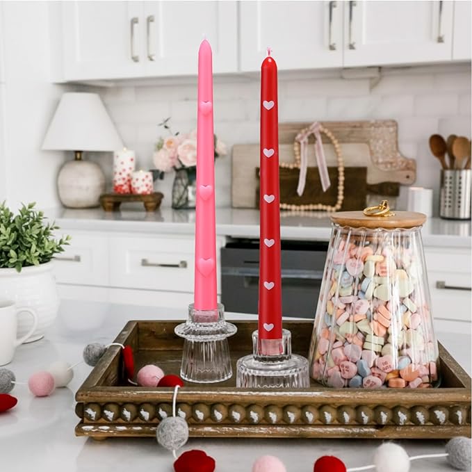 Threlaco 6pcs Pink Red Heart Taper Candle Set 10 Inch Valentine's Candle Sticks Valentines Decorative Candles Long Unscented Candlesticks for Valentine's Day Party Table Anniversary Wedding Decor