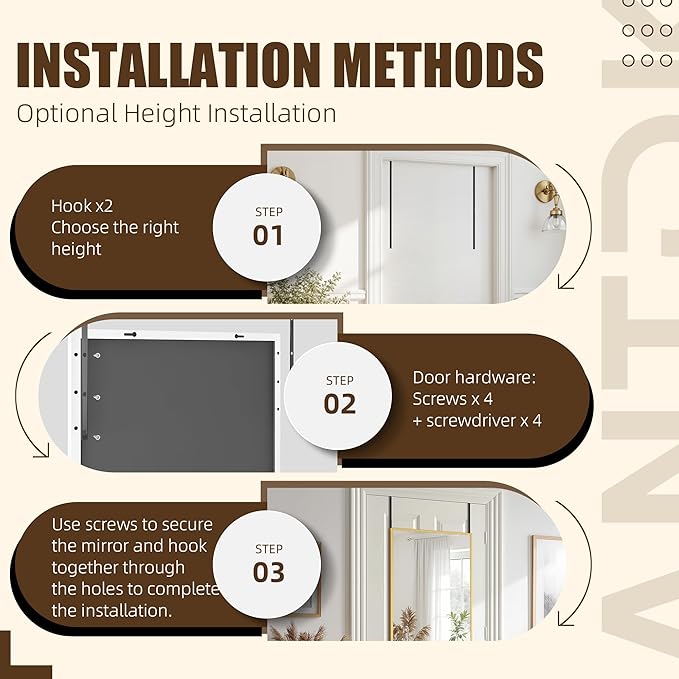 Antok 47''x 14'' Full Length Mirror Over Door, 3-in-1 Standing Leaning Wall Mounted, Adjustable Hanging Mirror for Bedroom Living Room, White, Rect Corner