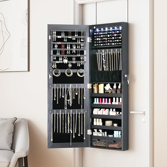LED Jewelry Cabinet Armoire Organizer,Wall/Door Mount Jewelry Organizer and Storage with Full-Length Mirror Hanging Jewelry Organizer Full Length Mirror with Storage Large Capacity Black