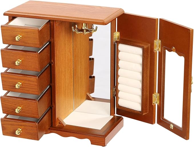 Wooden Jewelry Box, Jewelry Organizer With 5 Drawers Built-in Necklace Carousel and Mirror for Necklaces, Earring, Rings (Light Wood Color)